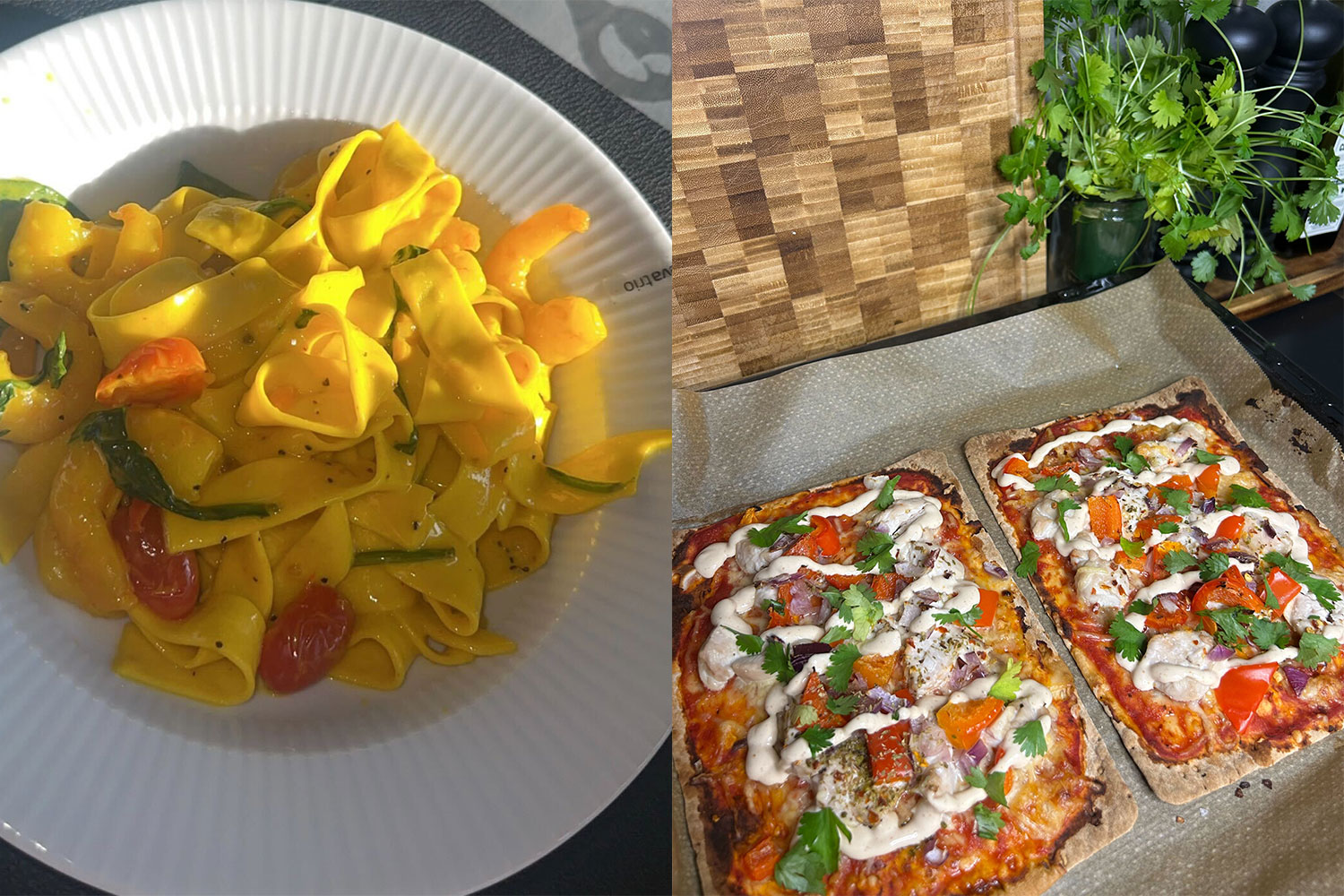Tränaren visar sin näringsrika, skuldfria pizza med färska ingredienser.